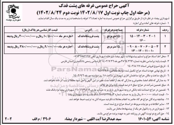 مزایده اجاره تعداد 16 غرفه - نوبت دوم