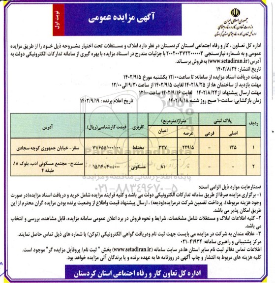 مزایده فروش املاک و مستغلات