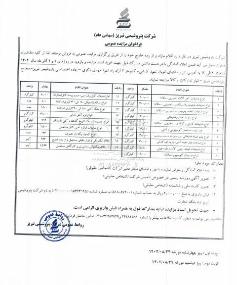 مزایده عمومی فروش اقلام مازاد و از رده خارج ...