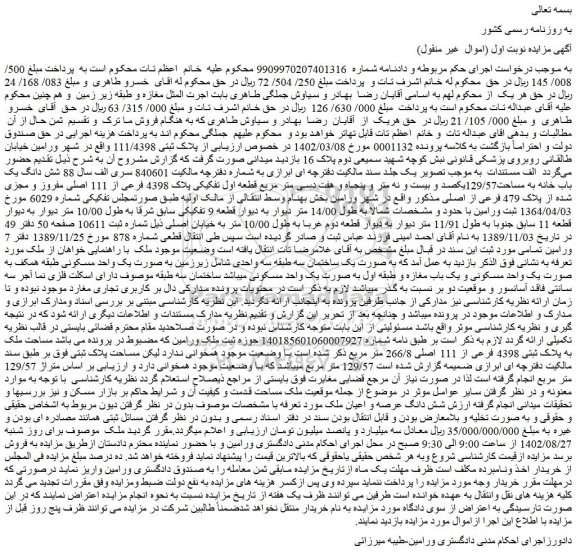 مزایده فروش شش دانگ یک باب خانه به مساحت129/57یکصد و بیست و نه متر و پنجاه و هفت دسی متر مربع قطعه اول تفکیکی پلاک 4398 فرعی از 111 اصلی