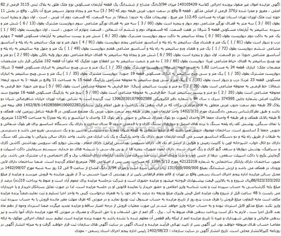 آگهی مزایده میزان 3/94دانگ مشاع از ششدانگ یک قطعه آپارتمان مسکونی نوع ملک طلق به پلاک ثبتی 3115 فرعی از 82 اصلی