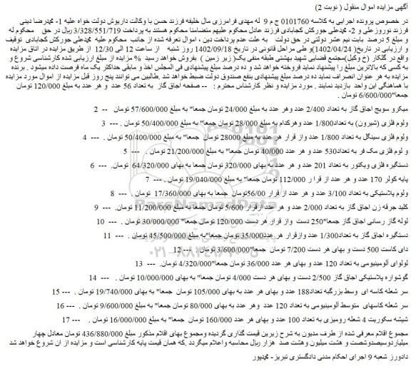مزایده فروش صفحه اجاق گاز به تعداد 56 عدد و...