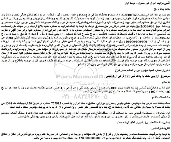 مزایده فروش پلاک ثبتی 281 فرعی از 4 اصلی