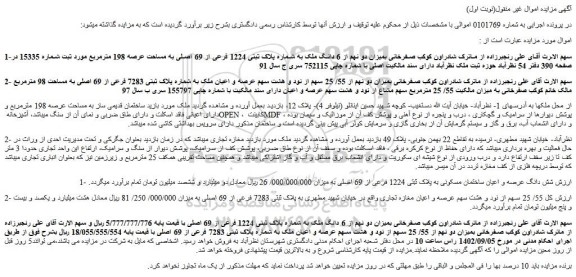 مزایده فروش میزان دو نهم از 6 دانگ ملک به شماره پلاک ثبتی 1224 فرعی از 69 اصلی