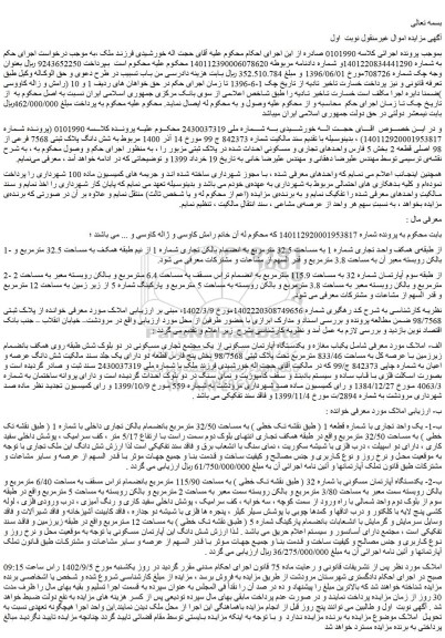 مزایده فروش شش دانگ پلاک ثبتی 7568 فرعی از 98 اصلی قطعه 2