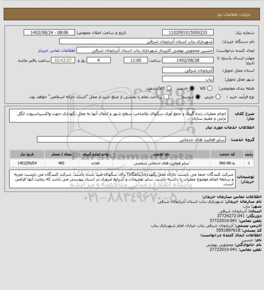 استعلام انجام عملیات زنده گیری و جمع آوری سگهای بلاصاحب سطح شهر و انتقال آنها به محل نگهداری جهت واکسیناسیون، انگل تراپی و عقیم سازی
