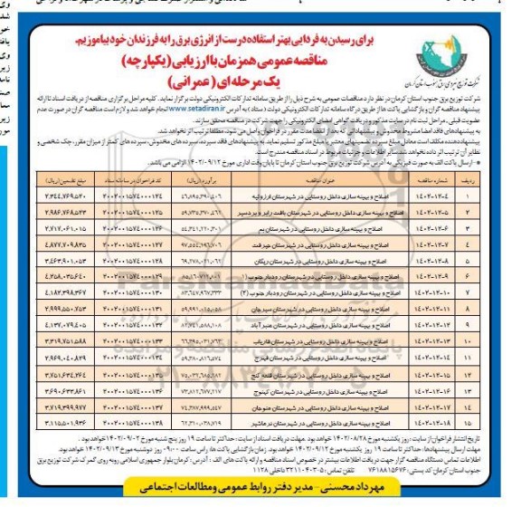 مناقصه اصلاح و بهینه سازی داخل روستایی