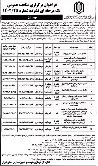مناقصه تکمیل مشارکتی مدرسه و...