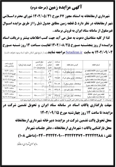 مزایده فروش 5 قطعه زمین با کاربری مسکونی با امکان تغییر کاربری به تجاری- مسکونی مرحله دوم 