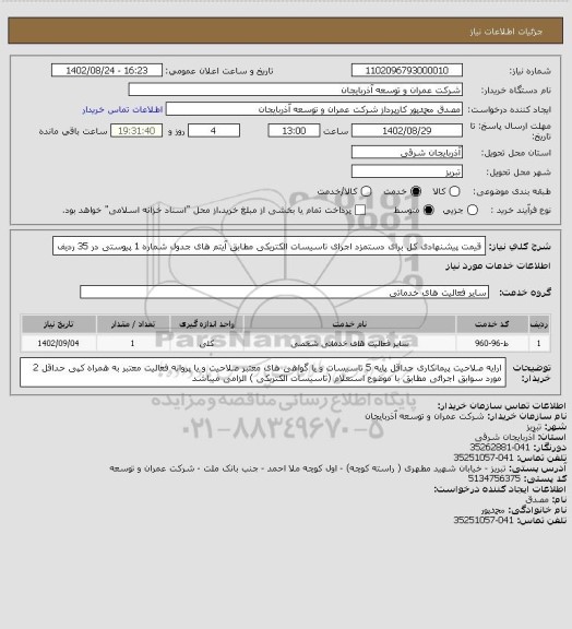 استعلام قیمت پیشنهادی کل برای دستمزد اجرای تاسیسات الکتریکی مطابق آیتم های جدول شماره 1 پیوستی در 35 ردیف