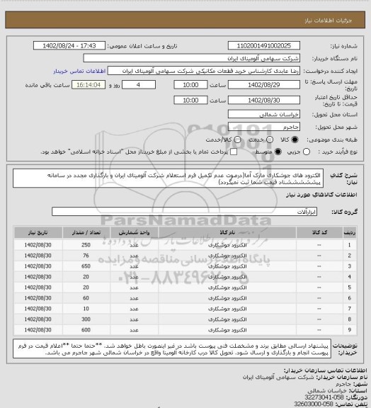 استعلام الکترود های جوشکاری مارک آما(درصوت عدم تکمیل فرم استعلام شرکت آلومینای ایران و بارگذاری مجدد در سامانه پیشششششناد قیمت شما ثبت نمیگردد)
