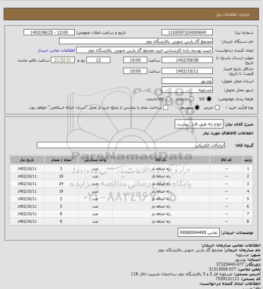 استعلام انواع رله طبق فایل پیوست