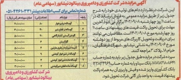 مزایده فروش دام های تولیدی شامل گوساله نر شیر خوار، گوساله نر قطع شیر و....