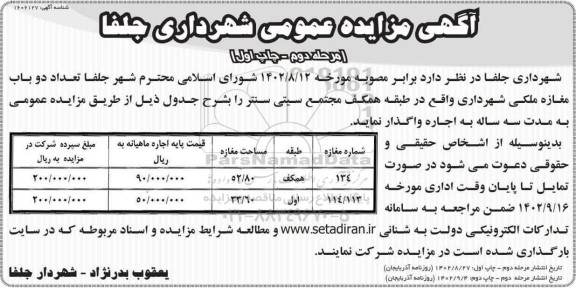 مزایده اجاره دو باب مغازه ملکی