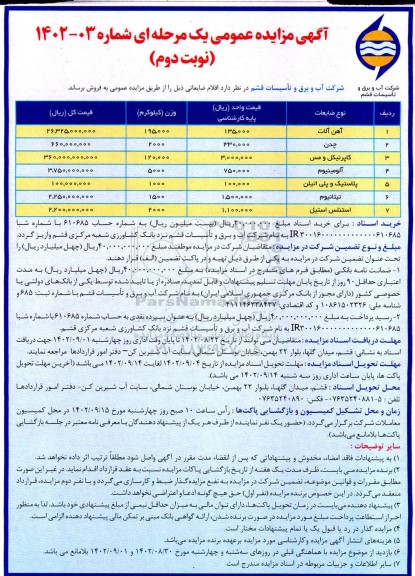 آگهی مزایده اقلام ضایعاتی شامل آهن آلات، چدن و... - نوبت دوم