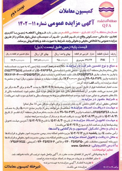 مزایده فروش 1 قطعه زمین با کاربری تجاری- خدماتی- مسکونی - نوبت دوم