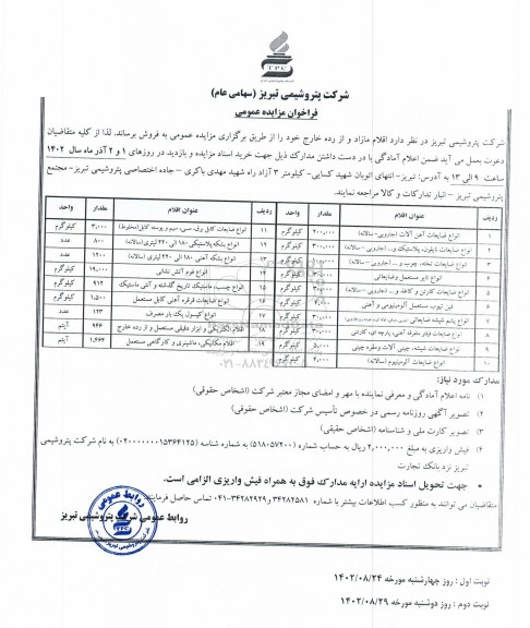 مزایده عمومی فروش اقلام مازاد و از رده خارج ...