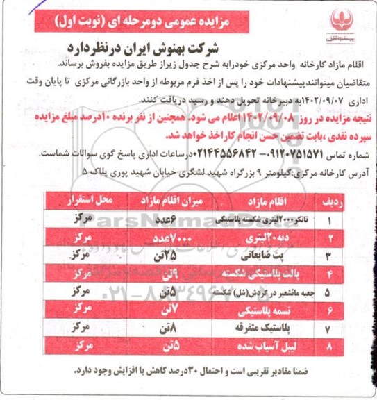 مزایده فروش تانکر 2000 لیتری شکسته پلاستیکی، دبه 20 لیتری و...