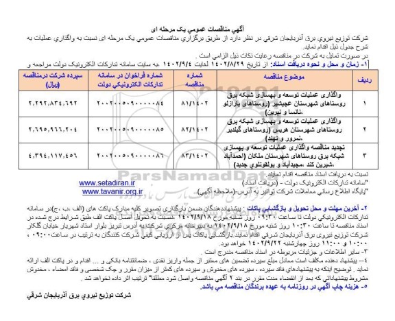 مناقصه واگذاری عملیات توسعه و بهسازی شبکه برق روستاهای 