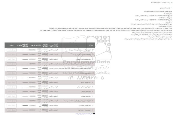 مزایده آهن آلات ضایعاتی (فلزی، کمک فنر و...) و...
