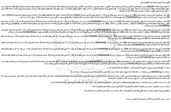 مزایده فروش قطعه اول : مسکونی داخل روستا به مساحت حدود 2600 متر مربع دارای سند رسمی پلاک فرعی 75 از 5 اصلی