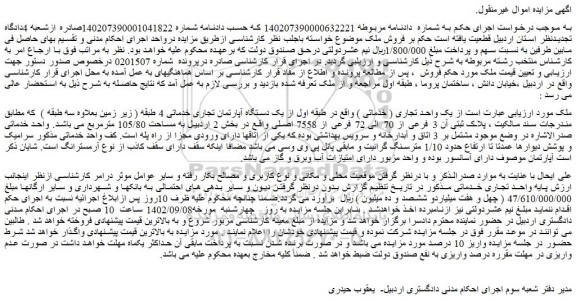 مزایده فروش یک واحد تجاری ( خدماتی ) 