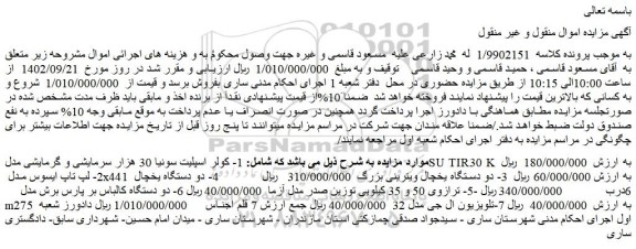 مزایده فروش کولر اسپلیت سونیا 30 هزار سرمایشی و گرمایشی مدلSU TIR30 K و...