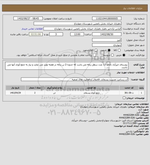 استعلام روستای خیرآباد دارای 12 عدد سطل زباله می باشد که  حدودا 2 تن زباله در هفته تولید می نماید و نیاز به جمع آوری آنها می باشد.