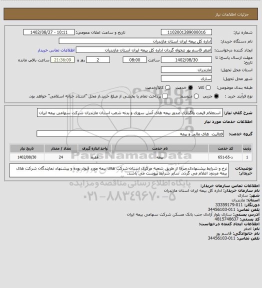 استعلام استعلام قیمت واگذاری صدور بیمه های آتش سوزی و بدنه شعب استان مازندران شرکت سهامی بیمه ایران