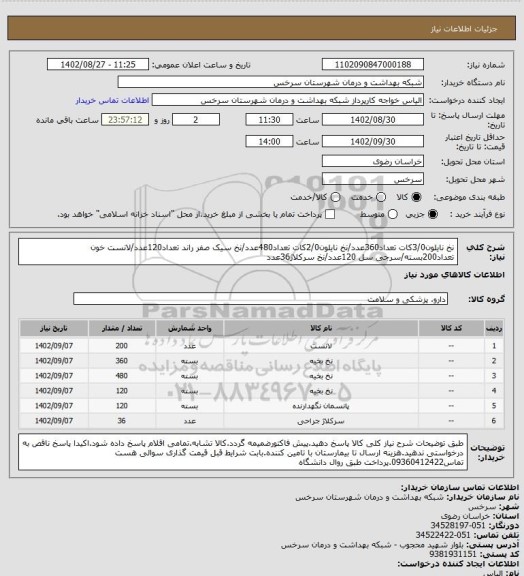 استعلام نخ نایلون3/0کات تعداد360عدد/نخ نایلون2/0کات تعداد480عدد/نخ سیک صفر راند تعداد120عدد/لانست خون تعداد200بسته/سرجی سل 120عدد/نخ سرکلاژ36عدد