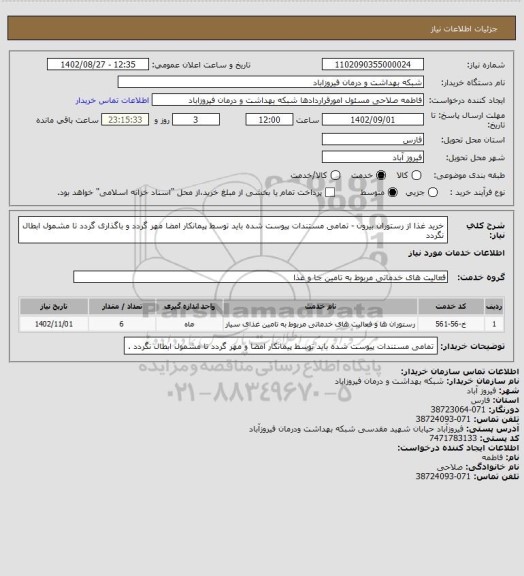 استعلام خرید غذا از رستوران بیرون -  تمامی مستندات پیوست شده  باید توسط پیمانکار امضا  مهر گردد و باگذاری گردد تا مشمول ابطال نگردد