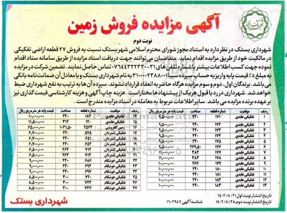 مزایده فروش 27 قطعه اراضی تفکیکی - نوبت دوم 