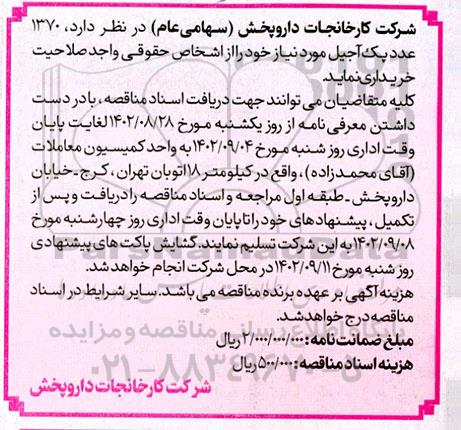مناقصه 1370 عدد پک آجیل مورد نیاز 