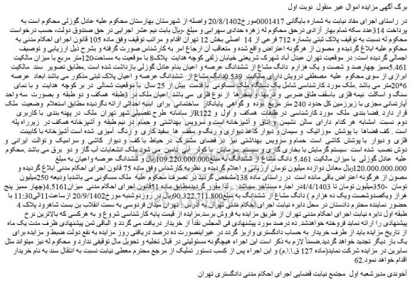 مزایده فروش پلاک ثبتی بشماره 712 فرعی از 14 اصلی