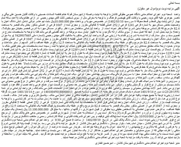 مزایده شش دانگ اعیان با وضعیت خاص مسکن مهر به شماره فرعی 1241 فرعی از252 اصلی قطعه 5 تفکیکی مفروز و مجزی شده از 1047 فرعی از اصلی 
