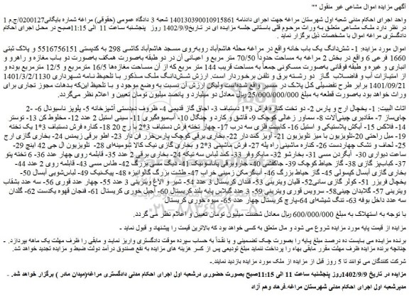 مزایده فروش شش دانگ یک باب خانه و...