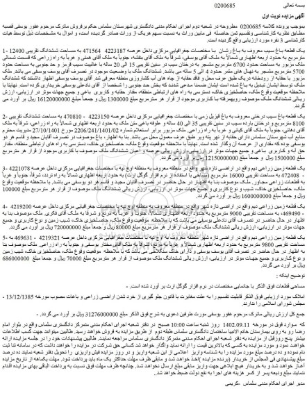 مزایده فروش یک قطعه باغ سیب معروف به باغ رشان به مساحت ششدانگ تقریبی 12400 مترمربع