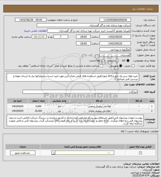 استعلام خرید لوله سبز یک اینچ و 3/4 اینچ     (طبق استفاده های قبلی مارک آذین مورد تایید است.سایرمارکها نیاز به ارسال نمونه و بررسی فنی میباشد)