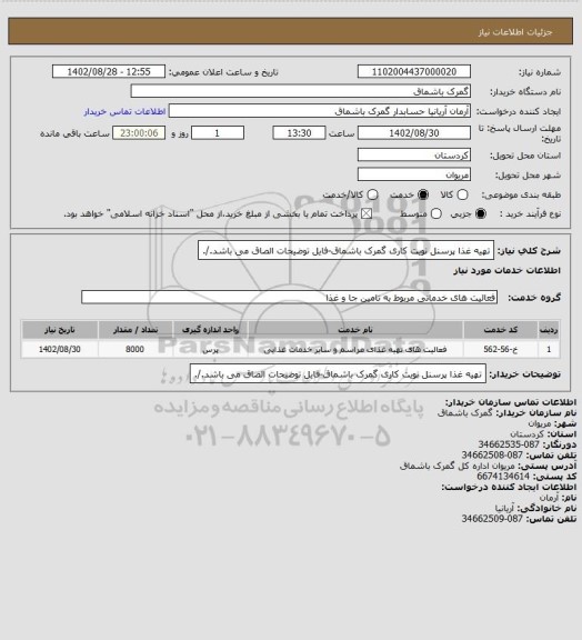 استعلام تهیه غذا پرسنل نویت کاری گمرک باشماق-فایل توضیحات الصاق می باشد./.