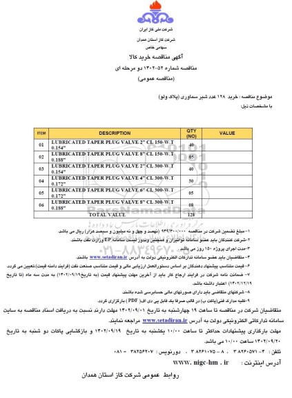 مناقصه خرید 128 عدد شیر سماوری (پلاک ولو)