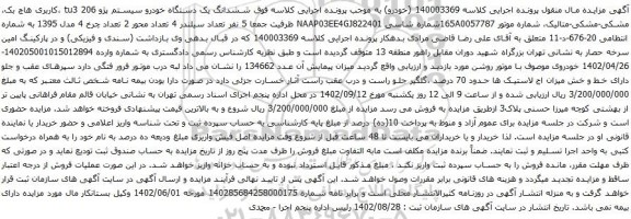 آگهی مزایده ششدانگ یک دستگاه خودرو سیستم پژو 206 tu3 