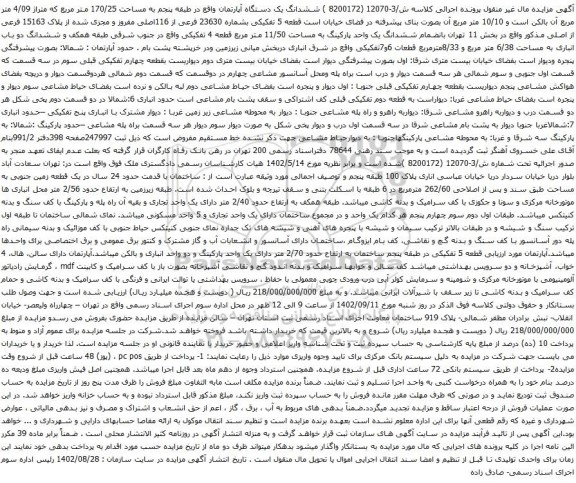 آگهی مزایده ششدانگ یک دستگاه آپارتمان واقع در طبقه پنجم به مساحت 25/170 متر مربع که متراژ 09/4 متر مربع