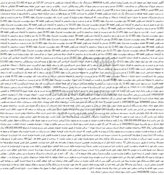 آگهی مزایده ششدانگ یک دستگاه آپارتمان مسکونی به مساحت 127.07 متر مربع