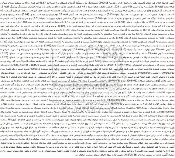 آگهی مزایده ششدانگ یک دستگاه آپارتمان مسکونی به مساحت 61.87 متر مربع