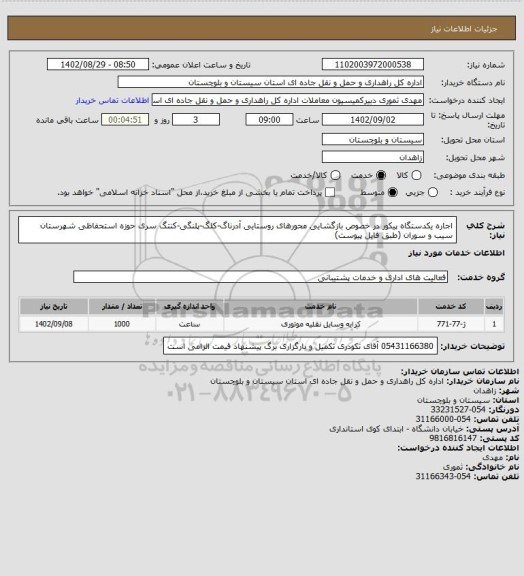 استعلام اجاره یکدستگاه پیکور در خصوص بازگشایی محورهای روستایی آدرناگ-کلگ-پلنگی-کنتگ سری حوزه استحفاظی شهرستان سیب و سوران (طبق فایل پیوست)