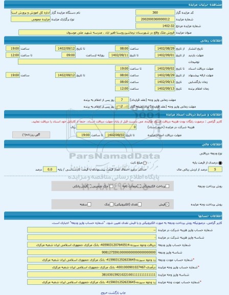 مزایده ، فروش ملک واقع در شهرستان نرماشیر،روستا فقیر اباد ، مدرسه شهید علی موسوی -مزایده زمین و مستحدثات - استان کرمان