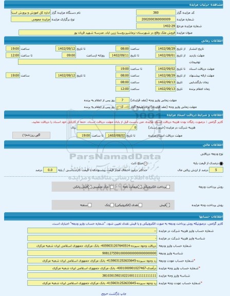مزایده ، فروش ملک واقع در شهرستان نرماشیر،روستا زرین اباد، مدرسه شهید قربان پور -مزایده زمین و مستحدثات - استان کرمان