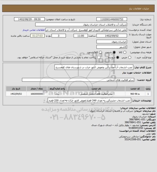 استعلام نصب انشعاب آب مشترکین وتعویض کنتور خراب در شهرستان های کوهسرخ