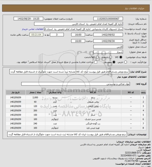 استعلام برنج وروغن وسایراقلام طبق فیل پیوست ایران کد کالا مشابه ثبت شده است جهت جلوگیری از اشتباه فایل مطالعه گردد