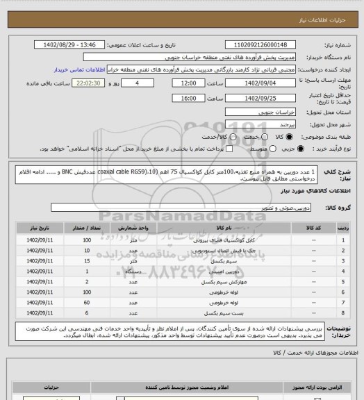 استعلام 1 عدد دوربین به همراه منبع تغذیه،100متر کابل کواکسیال 75 اهم (coaxial cable RG59)،10 عددفیش BNC و ..... ادامه اقلام درخواستی مطابق فایل پیوست.